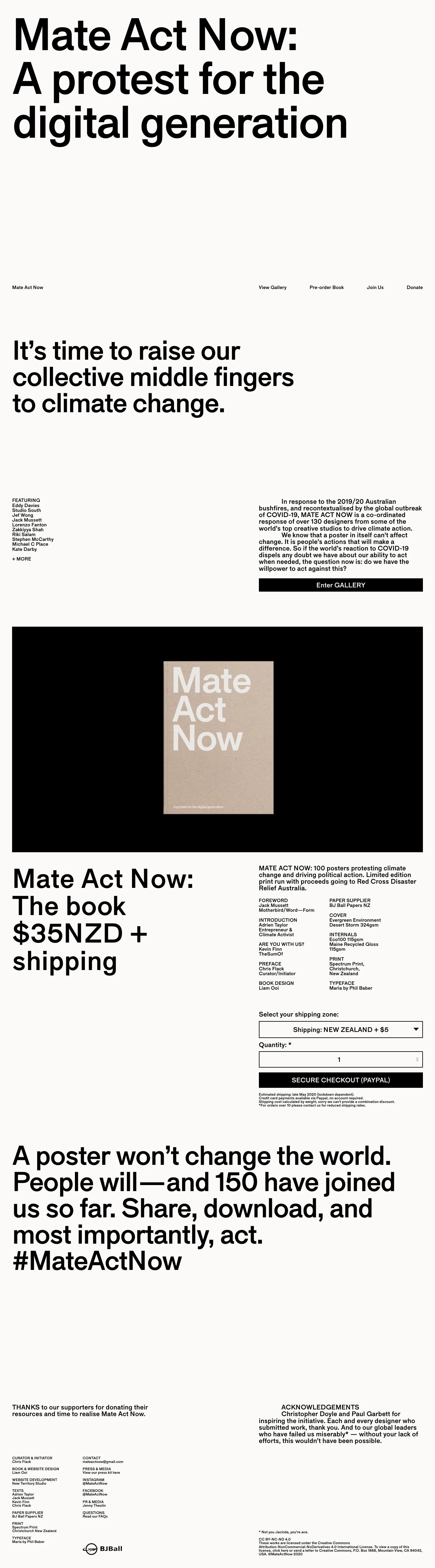 Mate Act Now Landing Page Example: 100 posters protesting climate change and driving political action. Limited edition print run with proceeds going to Red Cross Disaster Relief Australia.