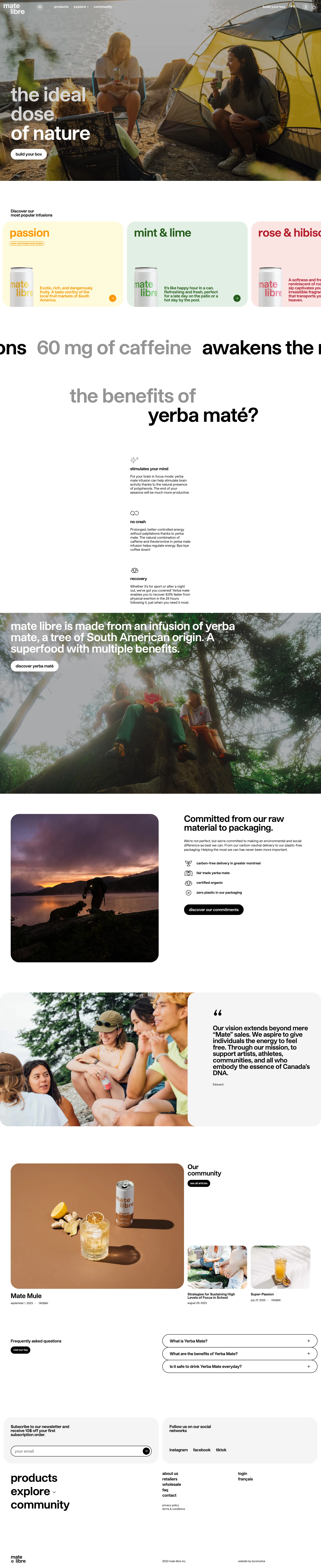 Mate Libre Landing Page Example: A better energy. Plant-based. Super Antioxidant. We create the best functional yerba mate drinks, low in sugar and perfectly balanced.