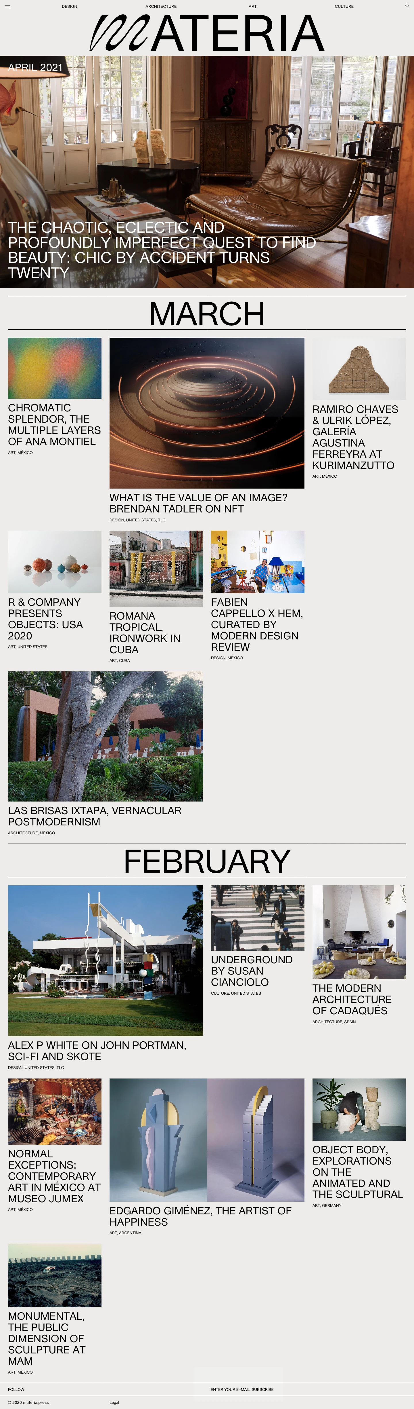 Materia Landing Page Example: An Independent Cultural Magazine with Unique Weekly Content About Design, Art, People and Places.