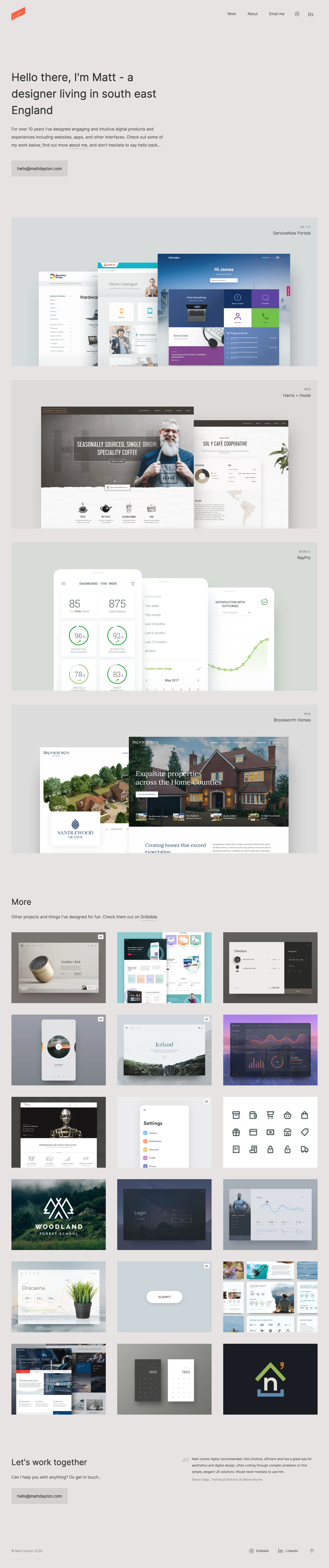 Matt Dayton Landing Page Example: I'm Matt - a designer living in south east England. For over 10 years I've designed engaging and intuitive digital products and experiences including websites, apps, and other interfaces.