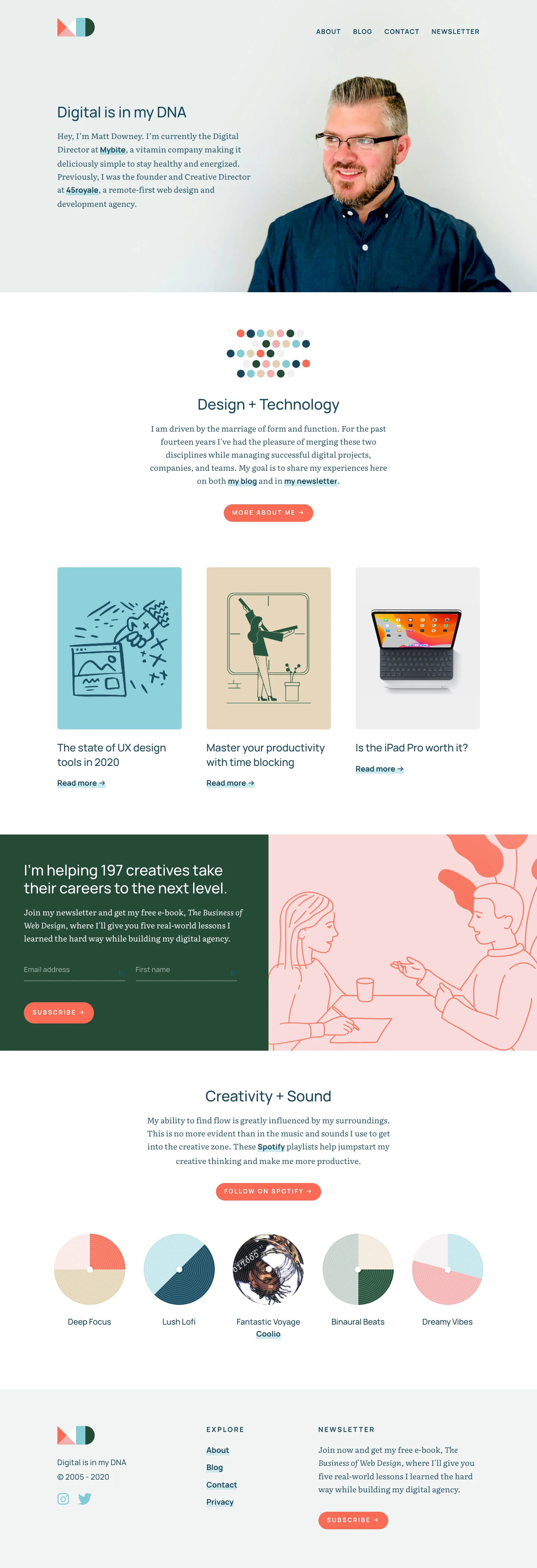 Matt Downey Landing Page Example: I am driven by the marriage of form and function. For the past fourteen years I've had the pleasure of merging these two disciplines while managing successful digital projects, companies, and teams.