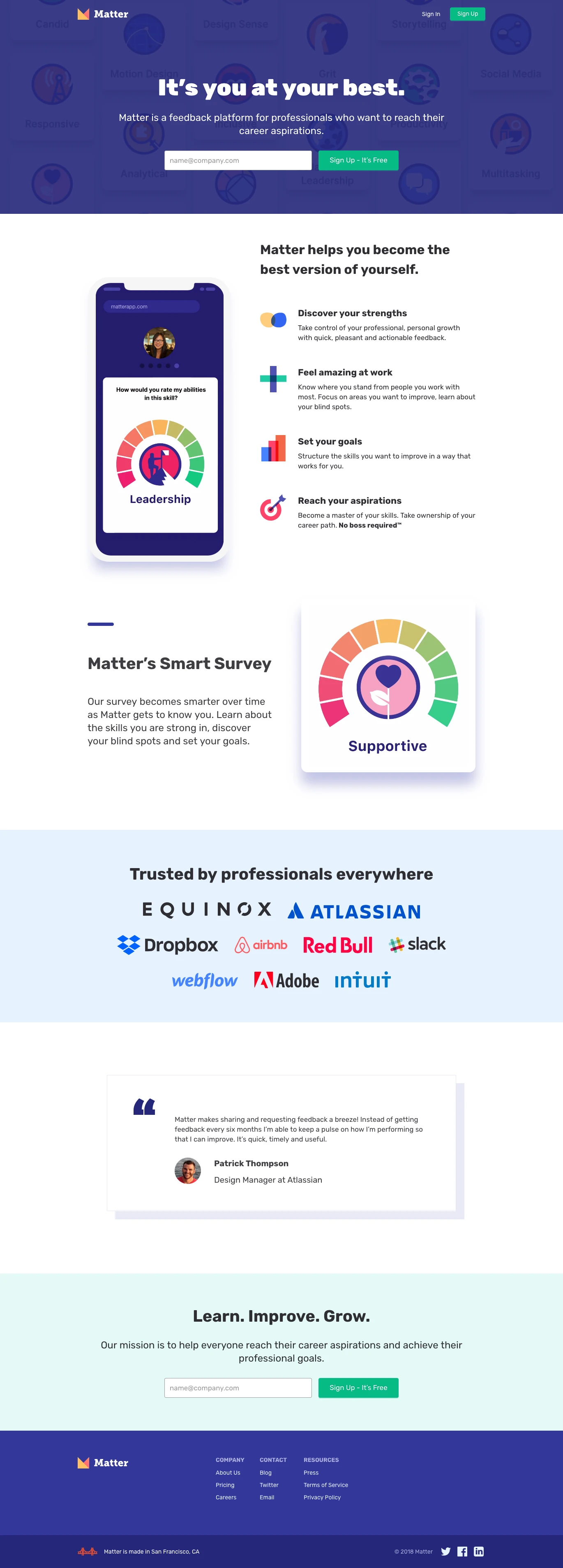 Matter Landing Page Example: Matter is a new way to gather professional feedback. Ready to grow your skills?