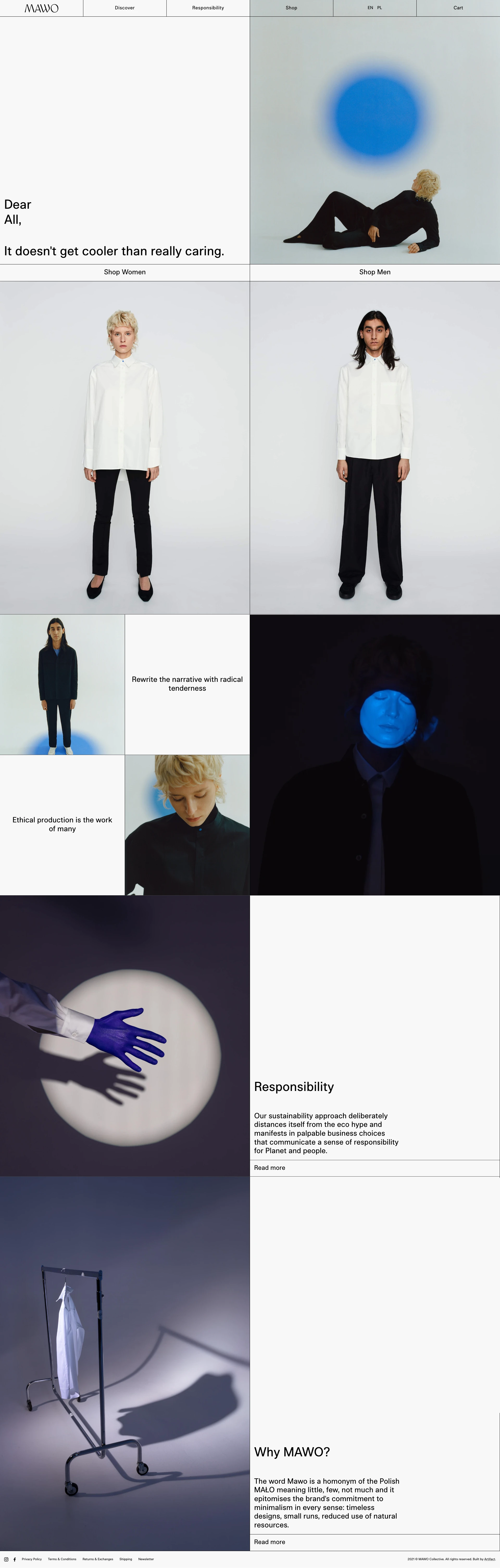 MAWO Landing Page Example: Progressive classicism for the ethically-minded. The word Mawo is a homonym of the Polish MAŁO meaning little, few, not much and it epitomises the brand's commitment to minimalism in every sense: timeless designs, small runs, reduced use of natural resources.