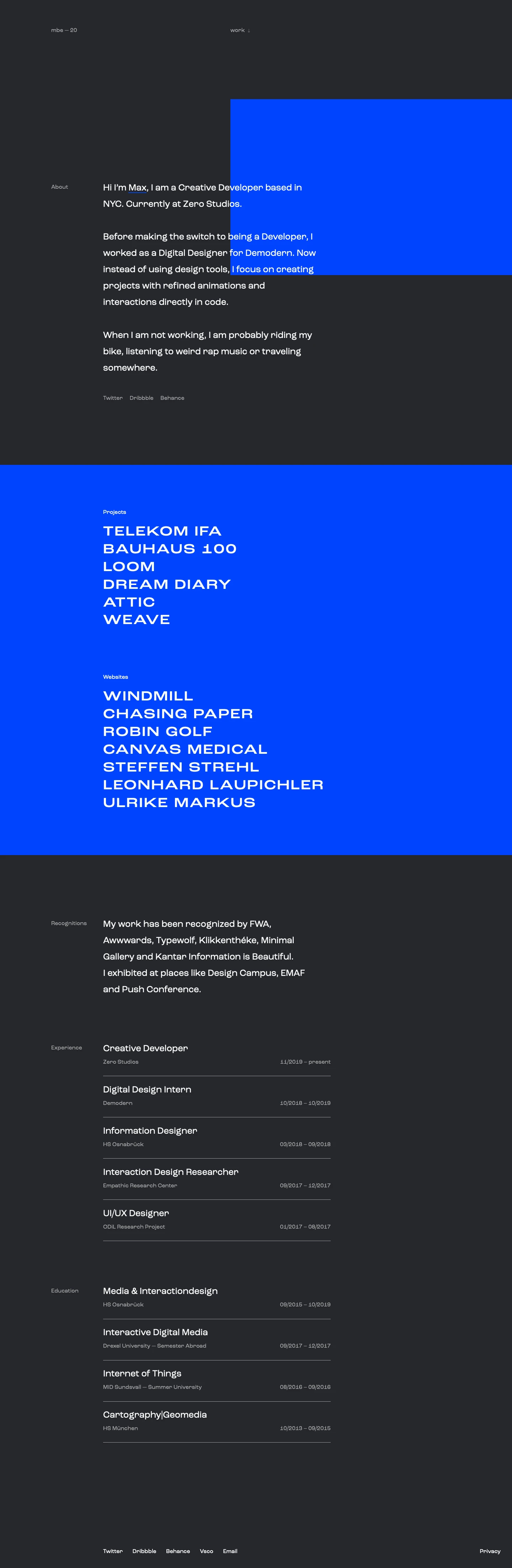 Maximilian Berndt Landing Page Example: Portfolio of Maximilian Berndt. Designer/developer currently based in Frankfurt, available for freelance.