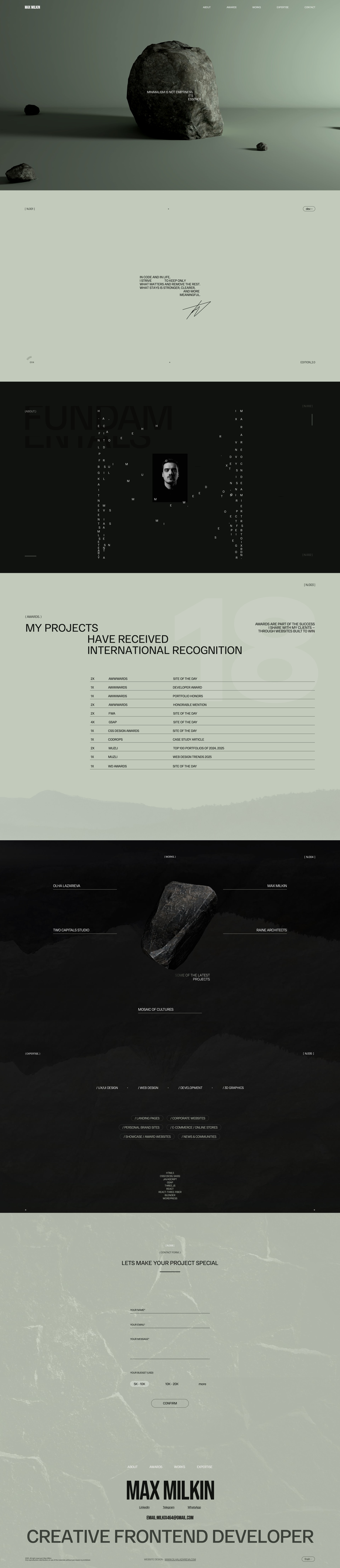 Max Milkin Landing Page Example: Hi, I’m Max - a Creative Frontend Developer. My focus is on building sleek, animated, and immersive experiences that transform simple websites into something extraordinary.