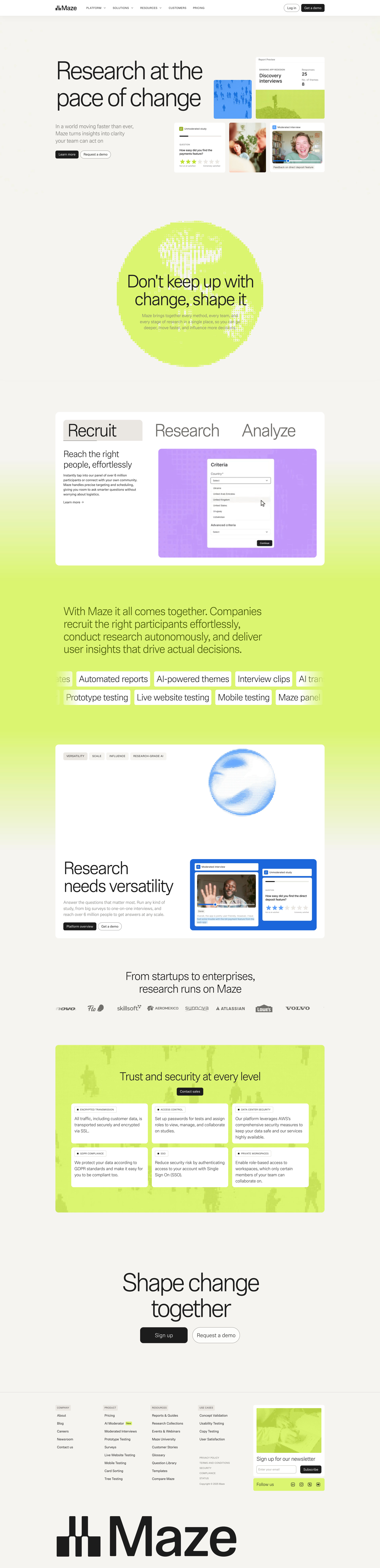 Maze Landing Page Example: Maze empowers researchers to be change makers—turning research into a center of influence. Built for scale, versatility, and powered by research-grade AI.