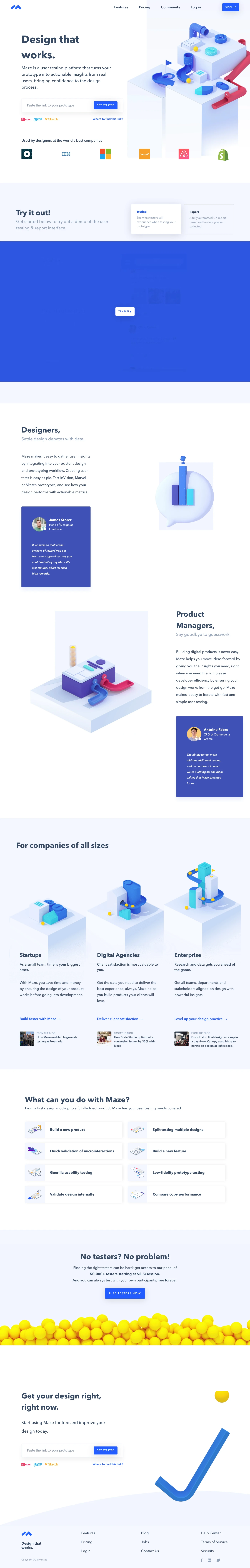 Maze Landing Page Example: Maze is a user testing platform that turns your prototype into actionable insights from real users, bringing confidence to the design process.