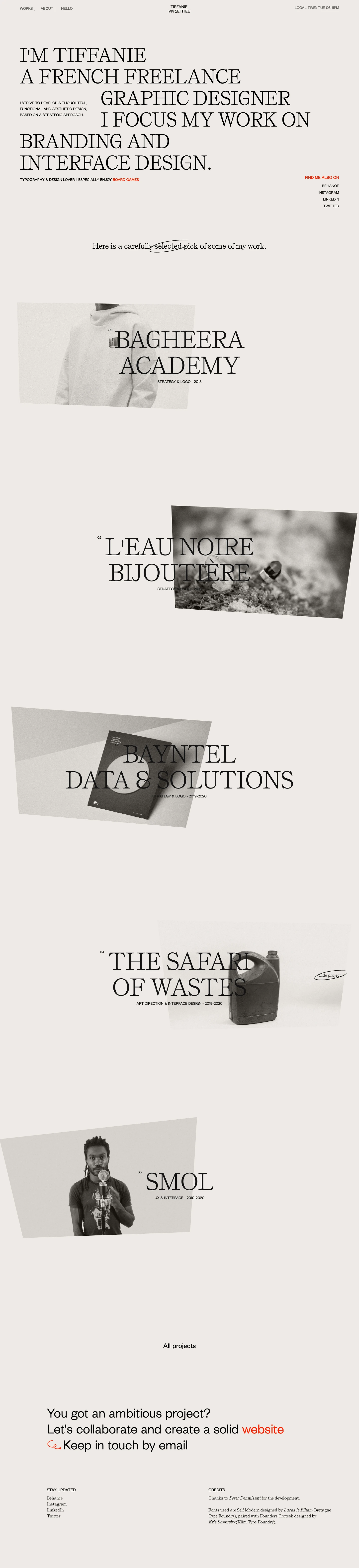Tiffanie Mazellier Landing Page Example: Portfolio of graphic and interface designer Tiffanie Mazellier, currently based in New Caledonia.