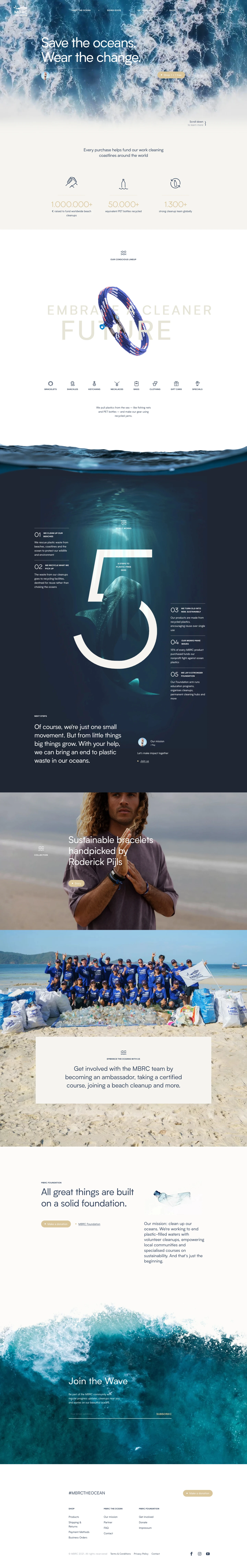 MBRC the ocean Landing Page Example: MBRC Foundation All great things are built on a solid foundation.  Our mission: clean up our oceans. We're working to end plastic-filled waters with volunteer cleanups, empowering local communities and specialised courses on sustainability. And that’s just the beginning.