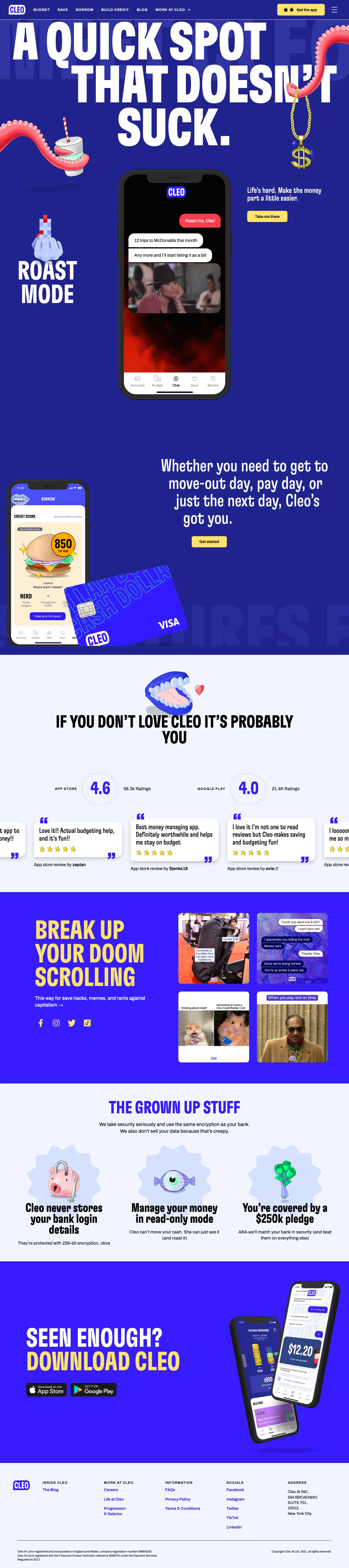 Cleo Landing Page Example: Life’s hard. Make the money part a little easier. Whether you need to get to move-out day, pay day, or just the next day, Cleo’s got you.