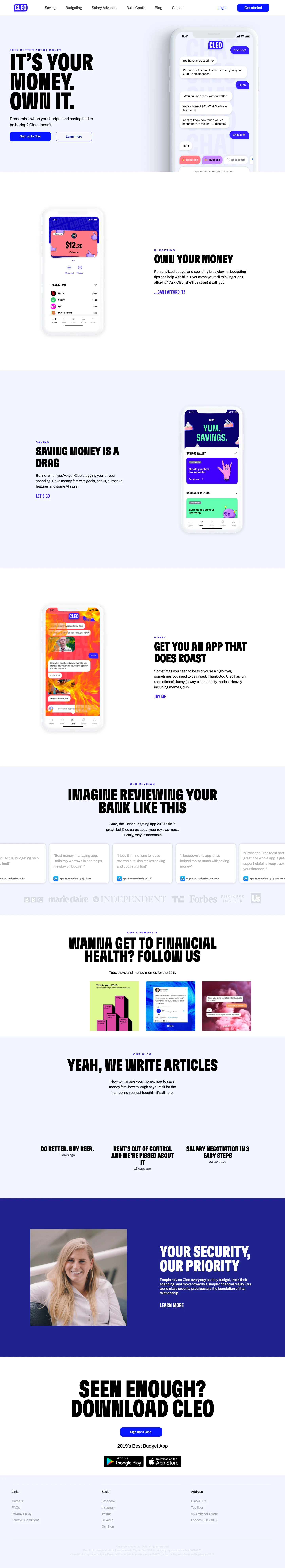 Cleo Landing Page Example: Feel better about your money. Get the help you need to stay on budget and save more each week. Your personal AI assistant.