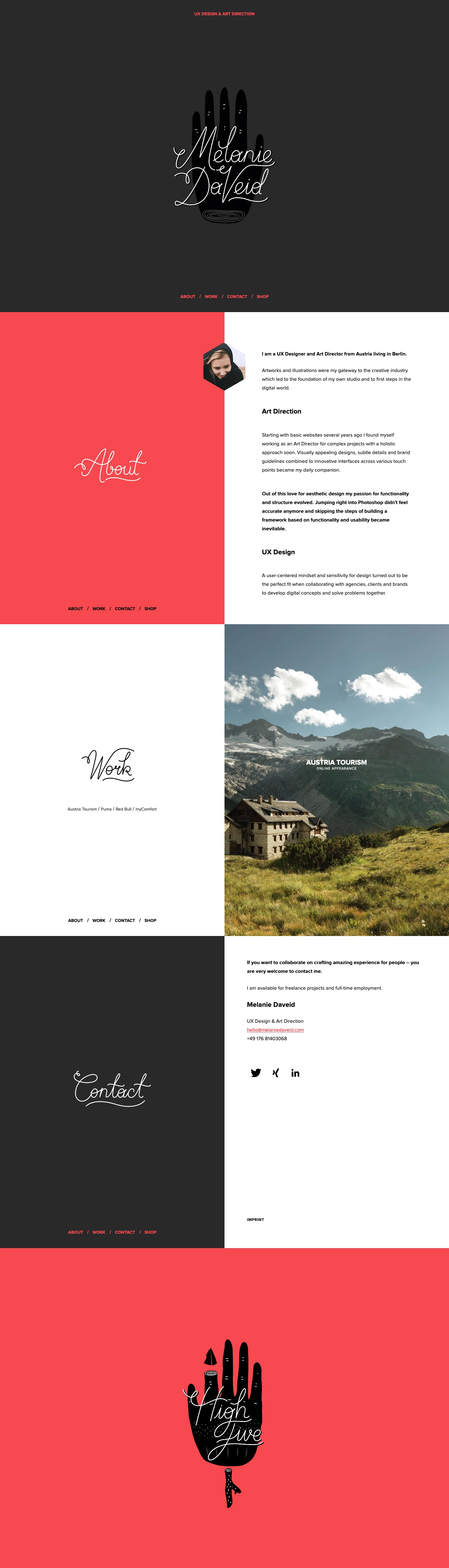 Melanie Daveid Landing Page Example: I am a UX Designer and Art Director from Austria living in Berlin. Artworks and illustrations were my gateway to the creative industry which led to the foundation of my own studio and to first steps in the digital world.