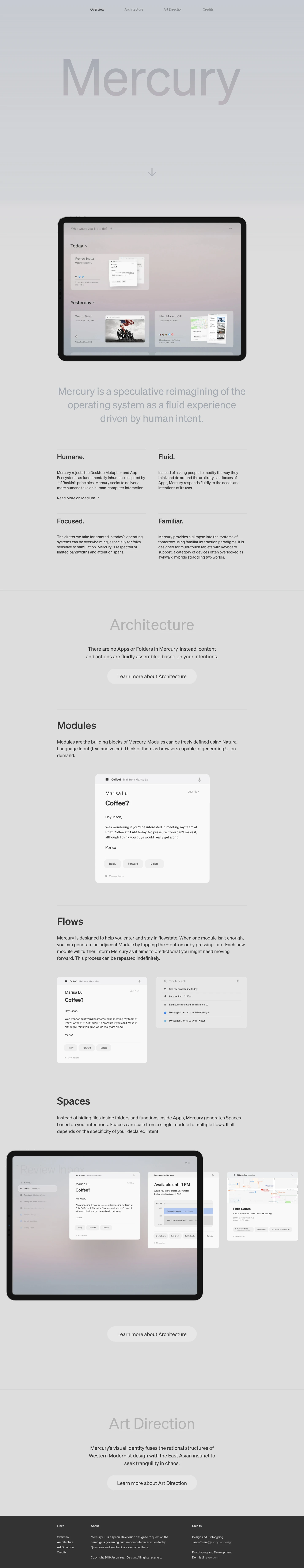 MercuryOS Landing Page Example: Mercury is a reimaging of the operating system as a fluid modeless experience drive by human intent