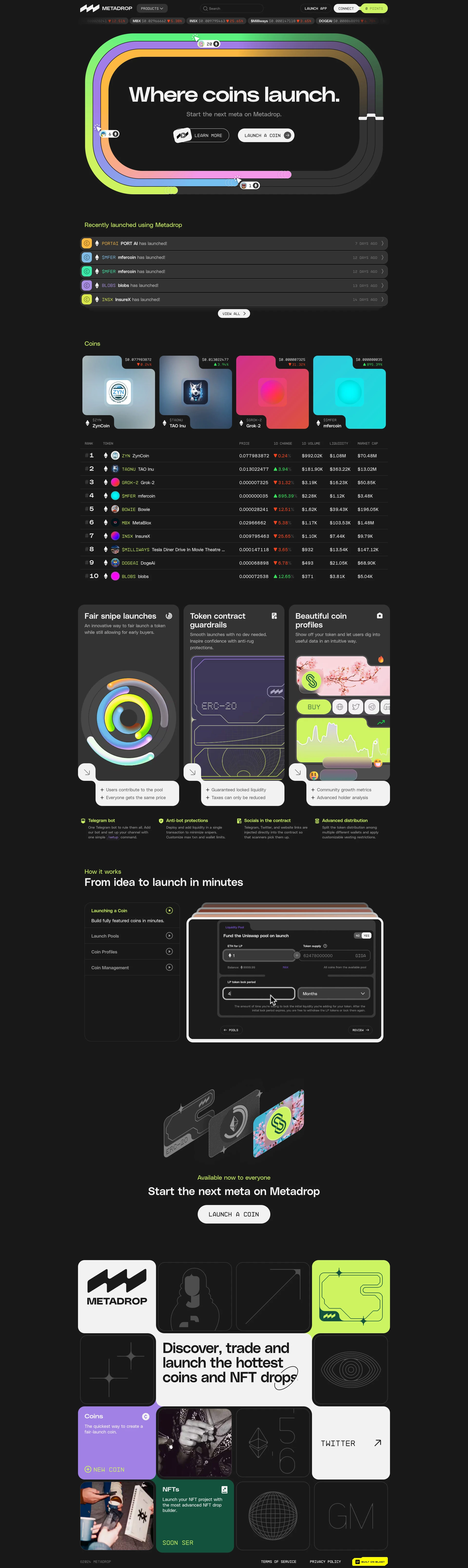 Metadrop Landing Page Example: Where coins launch. Start the next meta on Metadrop. Discover, trade and launch the hottest coins and NFT drops.