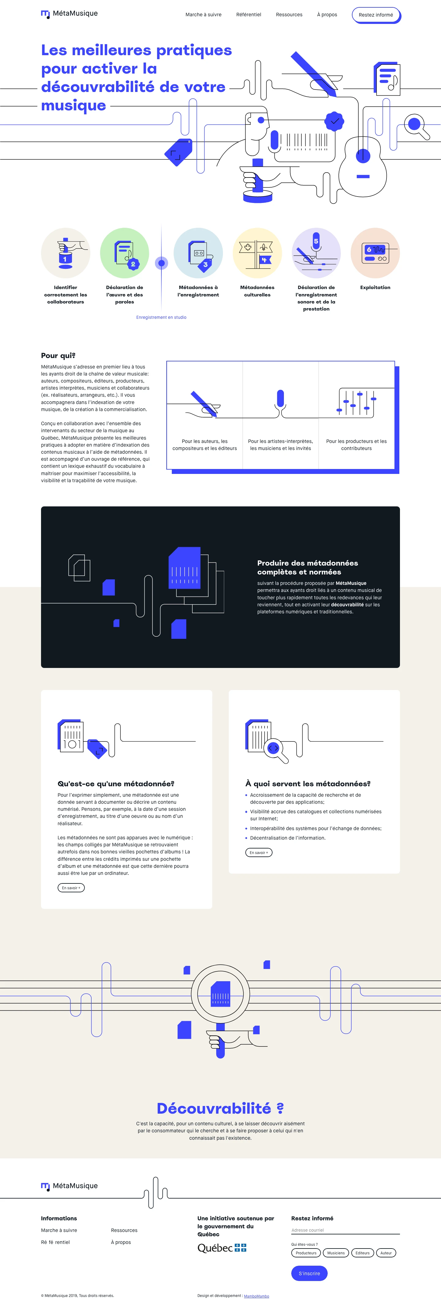 MétaMusique Landing Page Example: Welcome to MétaMusique, a guide aimed at helping right holders of the music value chain to index their content using metadata. It outlines the process and best practices to follow, including establishing a common metadata template to index for any music content.