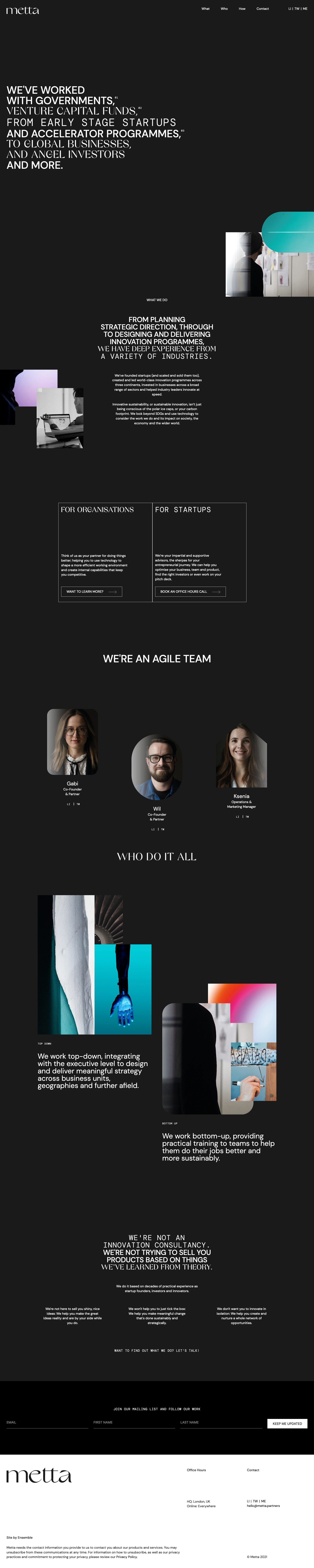 Metta Landing Page Example: Metta supports startups, industry & governments with sustainable technology-driven innovation. We’re your partner for doing things better & more efficiently.