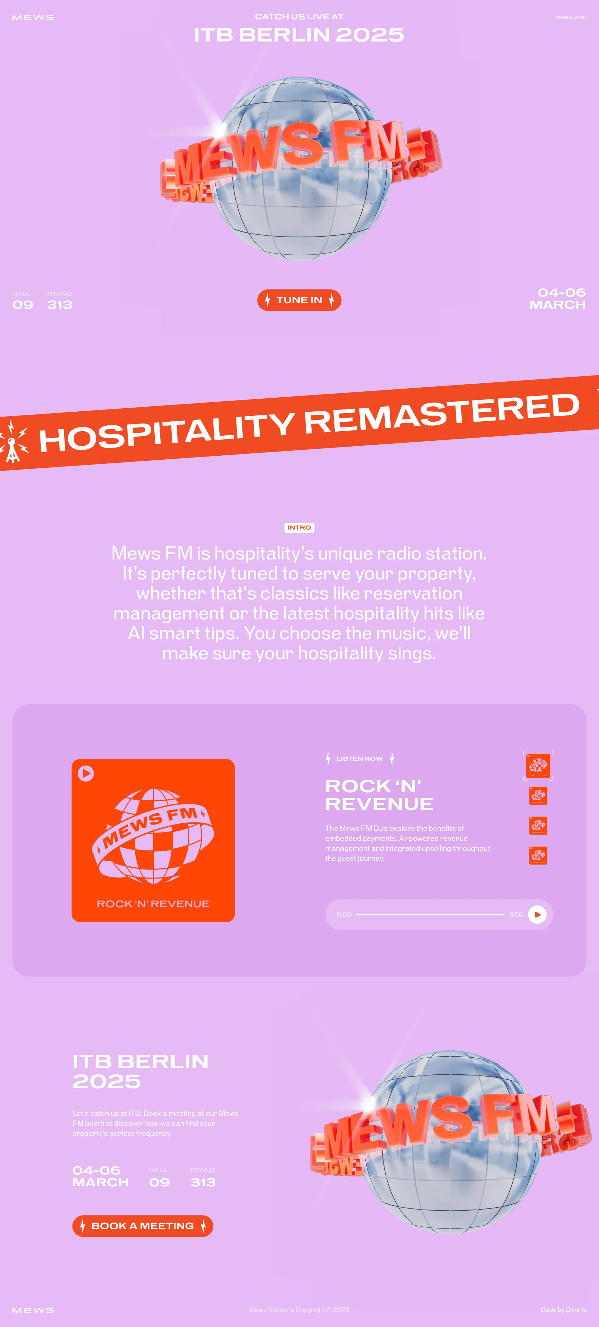 Mews FM Landing Page Example: Mews FM is hospitality's unique radio station. It's perfectly tuned to serve your property, whether that's classics like reservation management or the latest hospitality hits like AI smart tips. You choose the music, we'll make sure your hospitality sings.