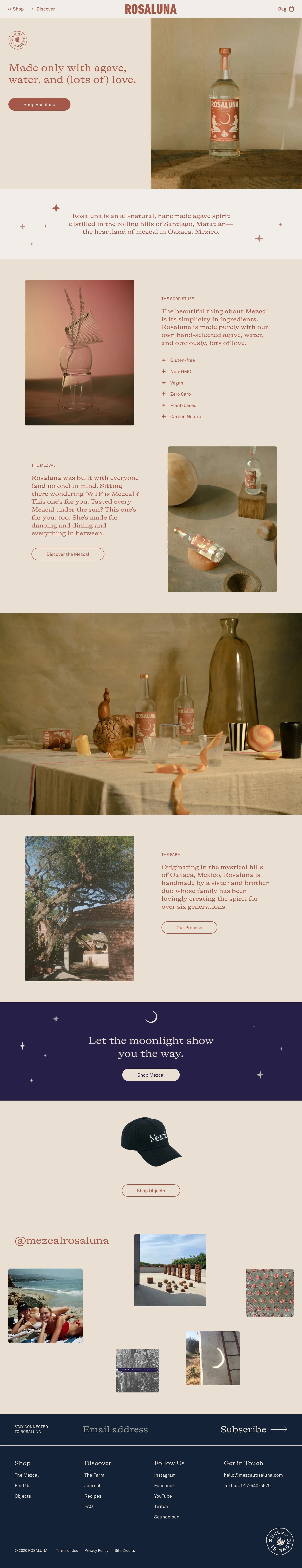 Mezcal Rosaluna Landing Page Example: Mezcal Rosaluna is an all-natural, certified gluten-free, handmade agave spirit distilled in the rolling hills of Oaxaca, Mexico. Meet the Magic of Mezcal.
