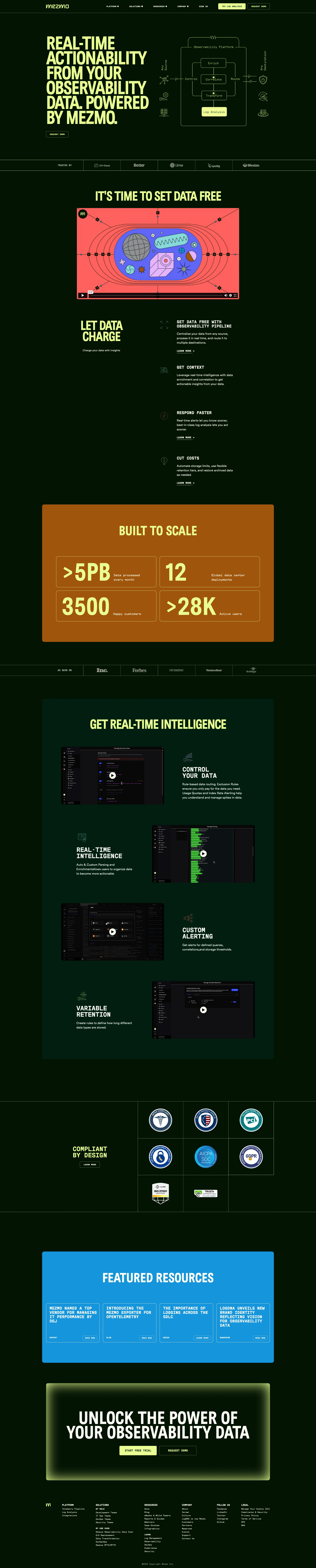 Mezmo Landing Page Example: Mezmo is a cloud-based observability platform that enables application owners to enrich, control, and correlate data across domains to drive actionability.
