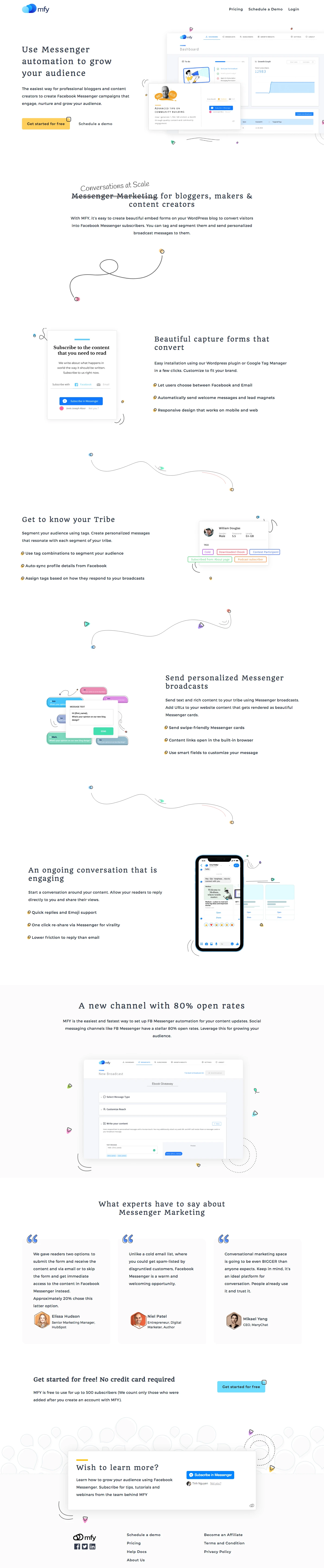 MFY Landing Page Example: The easiest way for professional content creators to create Facebook Messenger campaigns that engage, nurture and grow their audience.