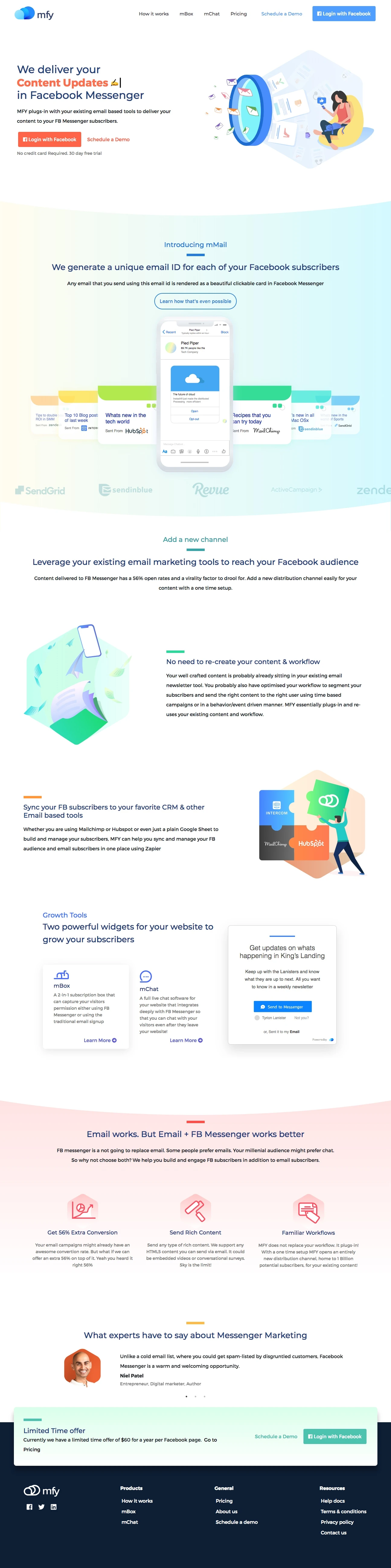 MFY - Marketing For You Landing Page Example: MFY plugs-in with your existing email based tools to deliver your content to your FB Messenger subscribers.