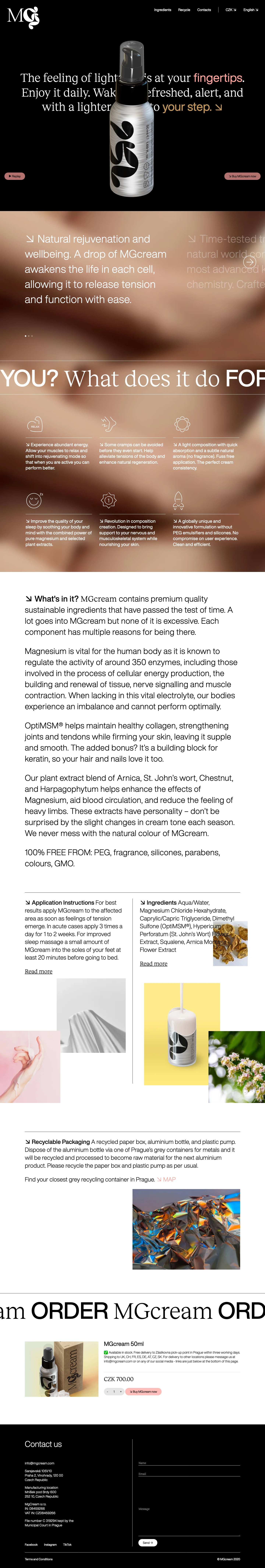 MGcream Landing Page Example: The feeling of lightness is at your fingertips. Enjoy it daily. Wake up refreshed, alert, and with a spring to your step. Natural rejuvenation and wellbeing. A drop of MGcream awakens the life in each cell, allowing it to release tension and function with ease.