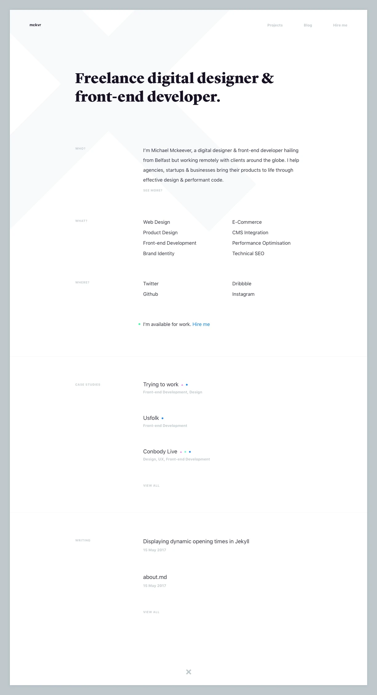 Michael Mckeever Landing Page Example: Freelance digital designer & front-end developer.