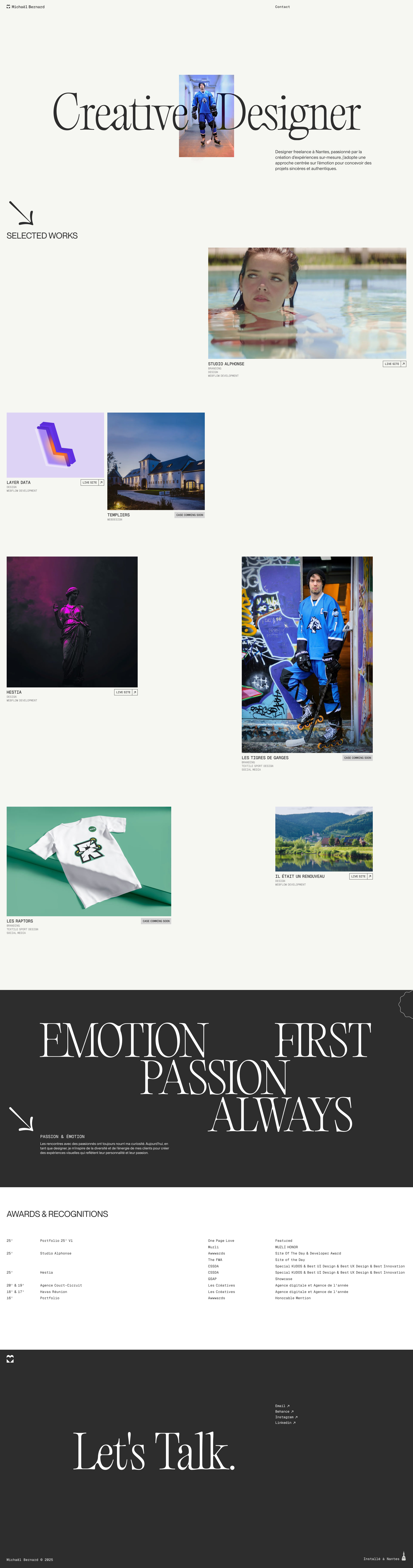 Michaël Bernard Landing Page Example: As a designer passionate about creating tailor-made digital experiences, I adopt an emotion-centered approach to design sincere and authentic projects.