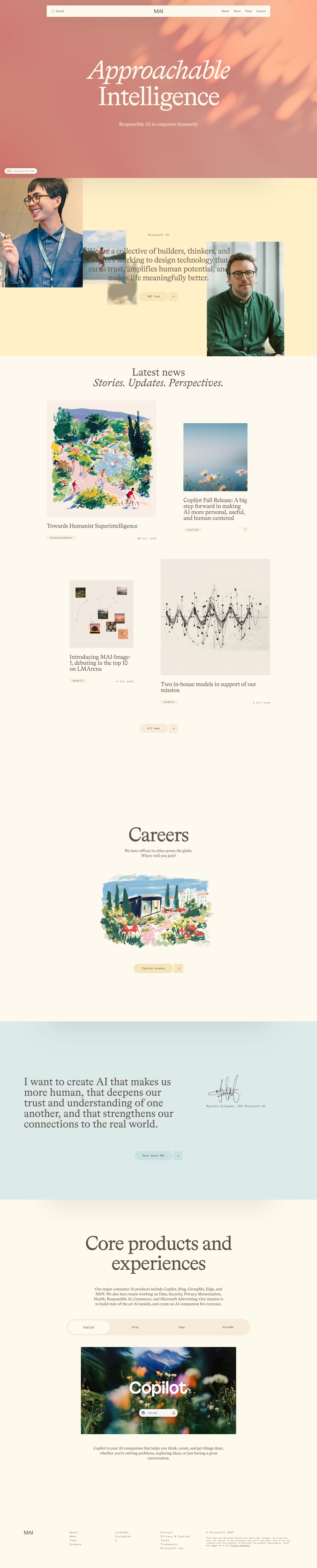 Microsoft AI Landing Page Example: We make responsible AI to empower people's lives. At Microsoft AI we are pioneering the future of what AI can do and what technology can be.