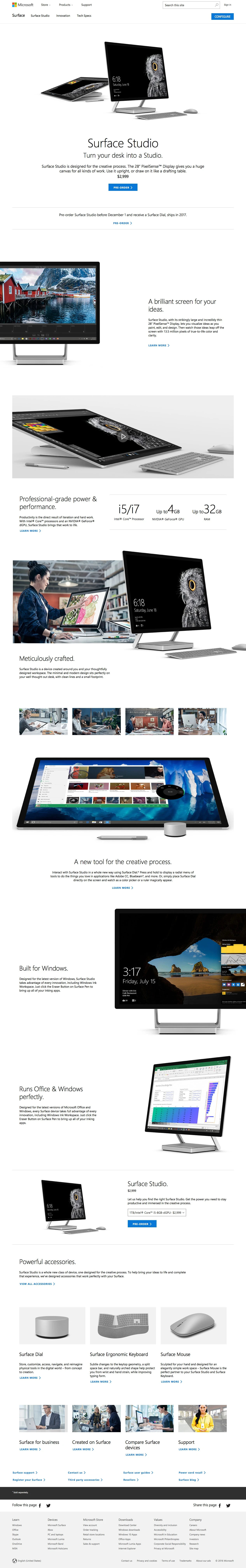 Surface Studio Landing Page Example: Surface Studio is designed for the creative process. The 28” PixelSense™ Display gives you a huge canvas for all kinds of work. Use it upright, or draw on it like a drafting table.