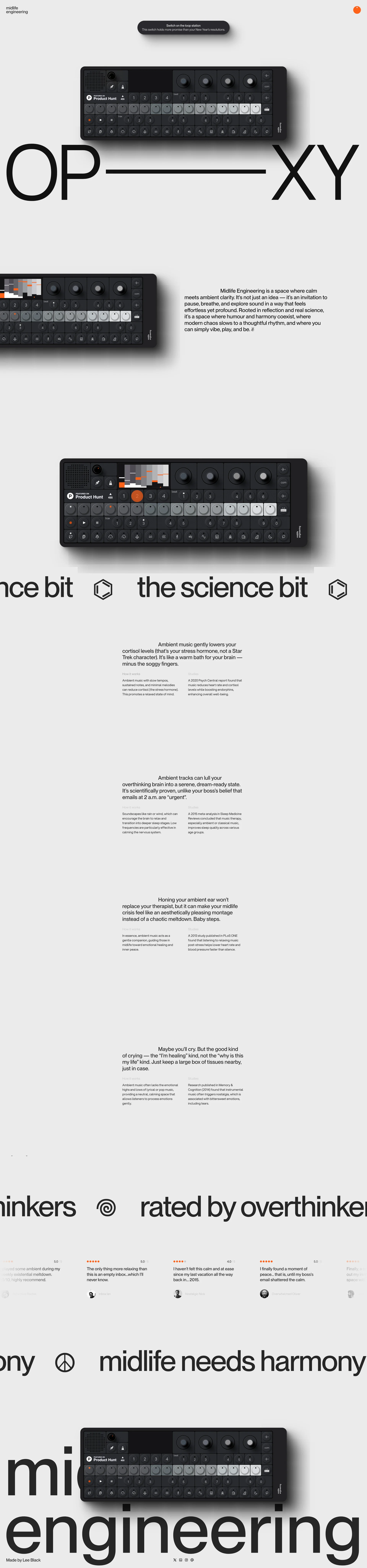 Midlife Engineering Landing Page Example: Midlife Engineering is a sound therapy tool for the creatively restless. Craft ambient soundscapes to ease stress, sharpen focus, and spark creativity. Think of it as yoga for your ears, minus the awkward stretching and ability to do yoga (or make music).