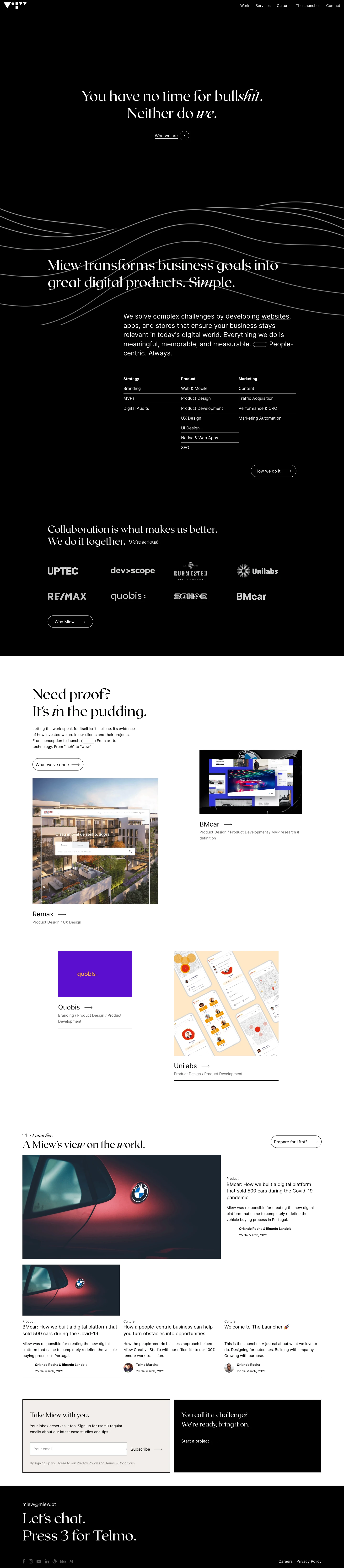 Miew Landing Page Example: We're a digital product studio that transforms business goals into great digital products by developing websites, apps and stores.