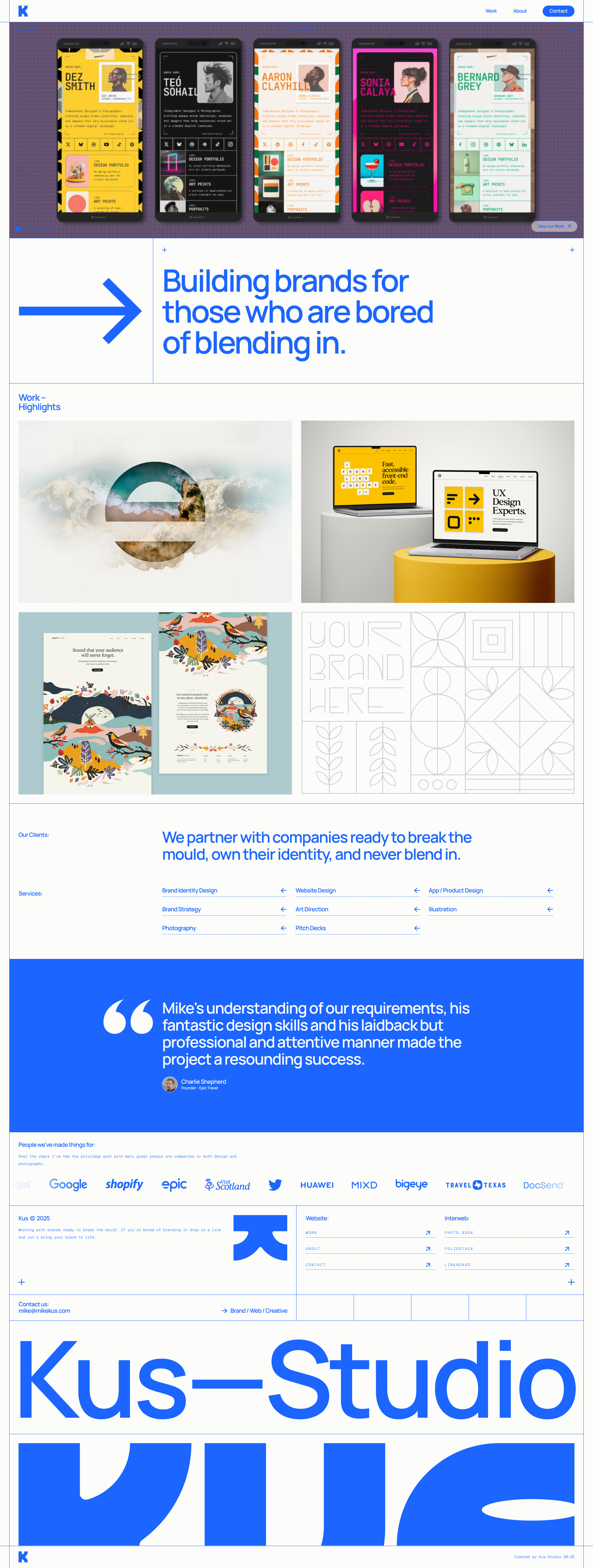 Mike Kus Landing Page Example: Portfolio site of Mike Kus – designer specialising in web design, branding, illustration, and photography. Showcasing selected projects, process, and creative thinking.