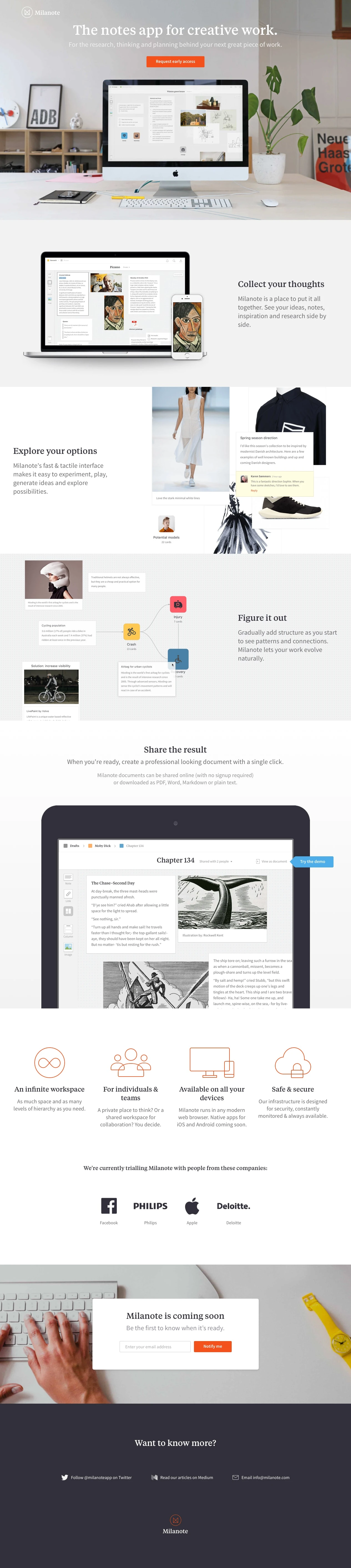 Milanote Landing Page Example: For the research, thinking and planning behind your next great piece of work.