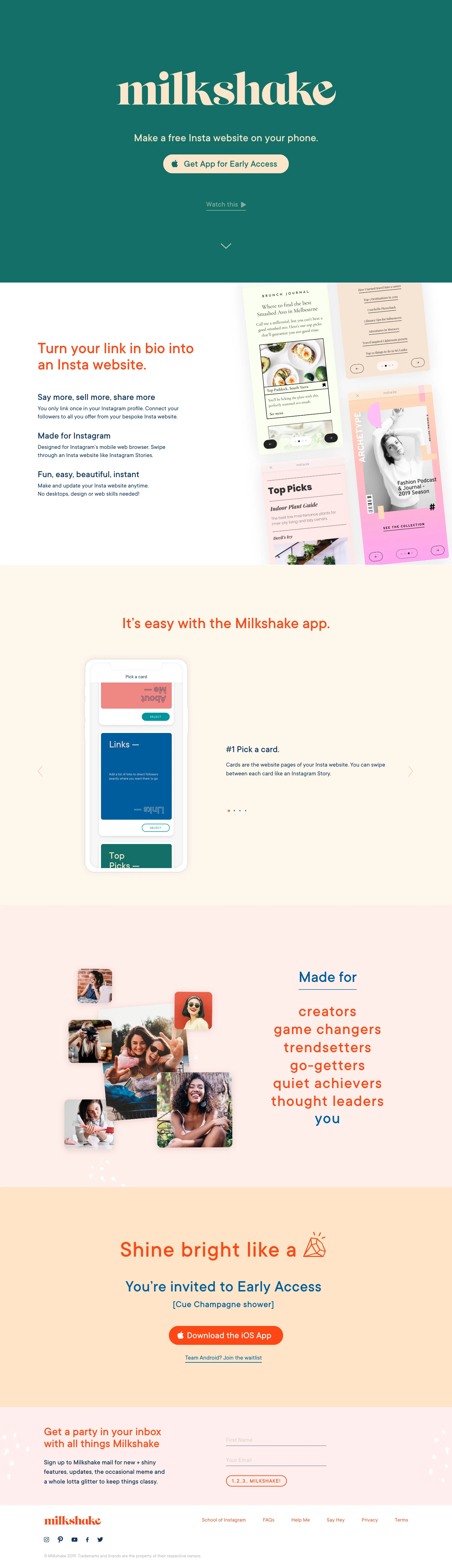 Milkshake Landing Page Example: Make a free website for your Instagram profile on your phone. Use the Milkshake App to say more, sell more, share more on Instagram