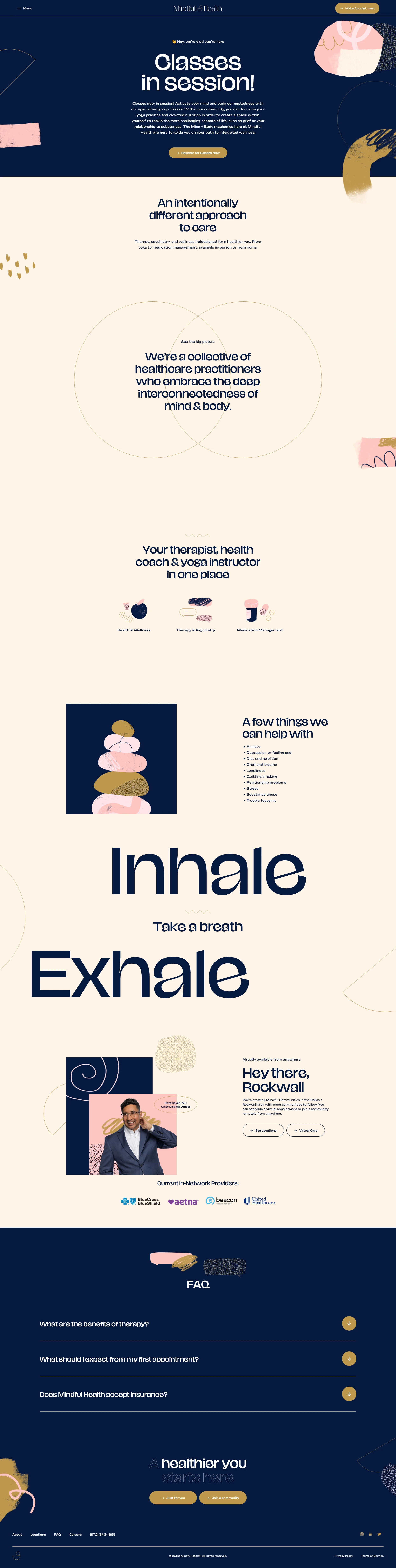 Mindful Health Landing Page Example: Always Mindful. Our mission is to cultivate a culture that provides intentional and exceptional care for our clients, a supportive and nurturing environment for our team, which enables us to make a positive and lasting impact in our communities.