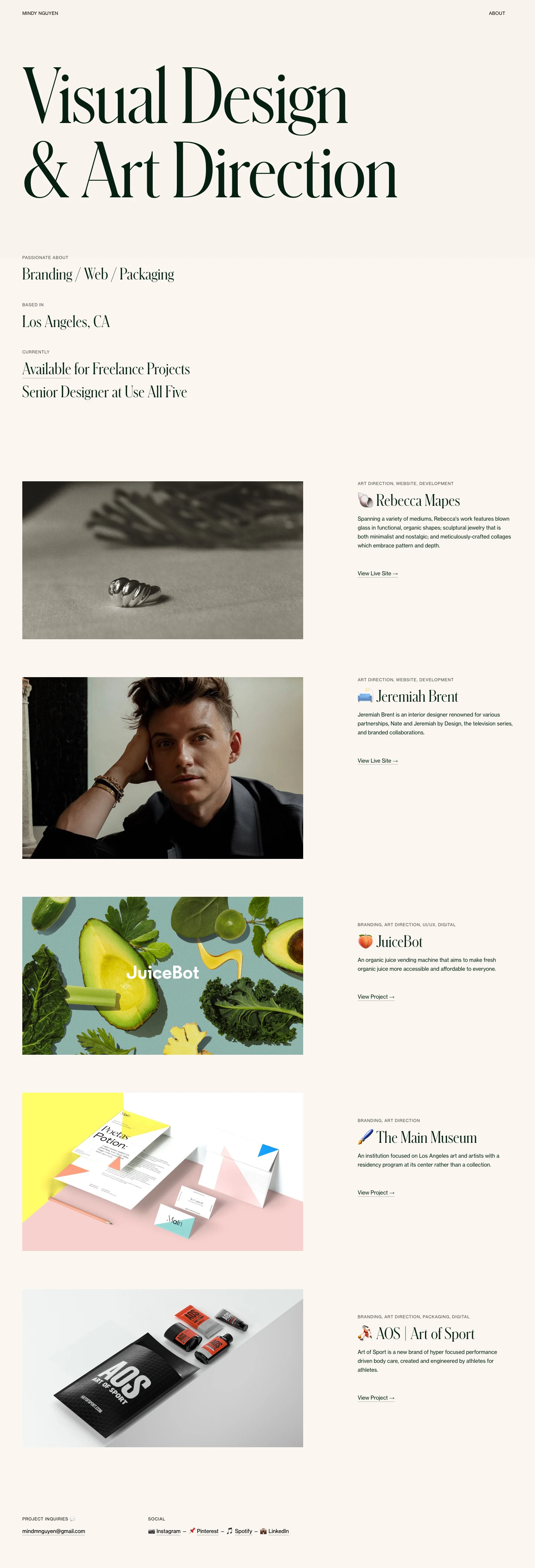 Mindy Nguyen Landing Page Example: I'm Mindy Nguyen, a visual & interactive designer. Currently, I design at Use All Five and freelance.