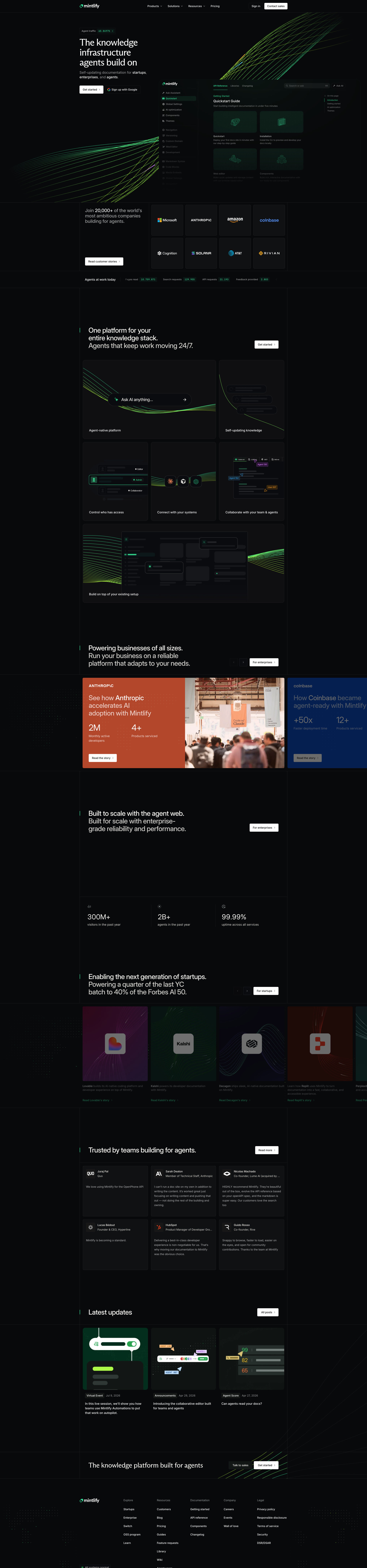Mintlify Landing Page Example: Self-updating documentation for startups, enterprises, and agents.