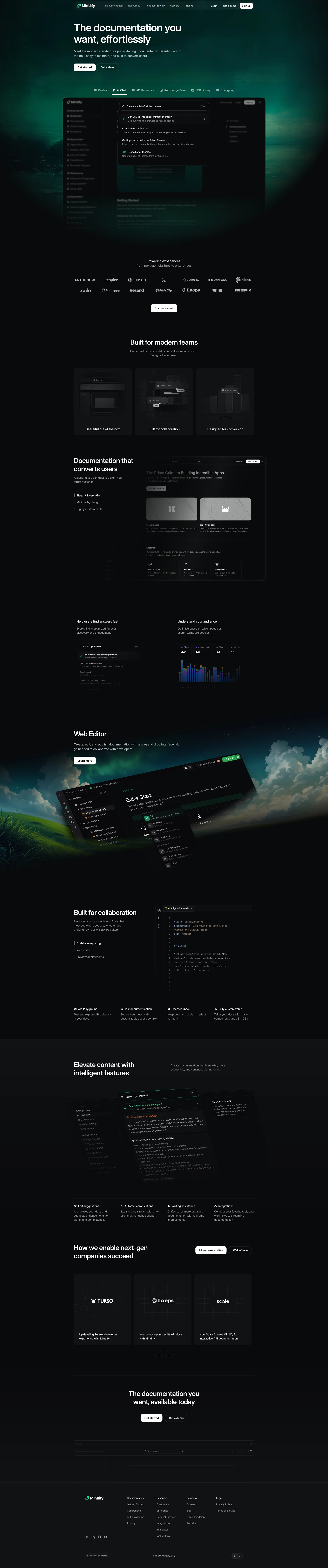 Mintlify Landing Page Example: Meet the modern standard for public facing documentation. Beautiful out of the box, easy to maintain, and optimized for user engagement.