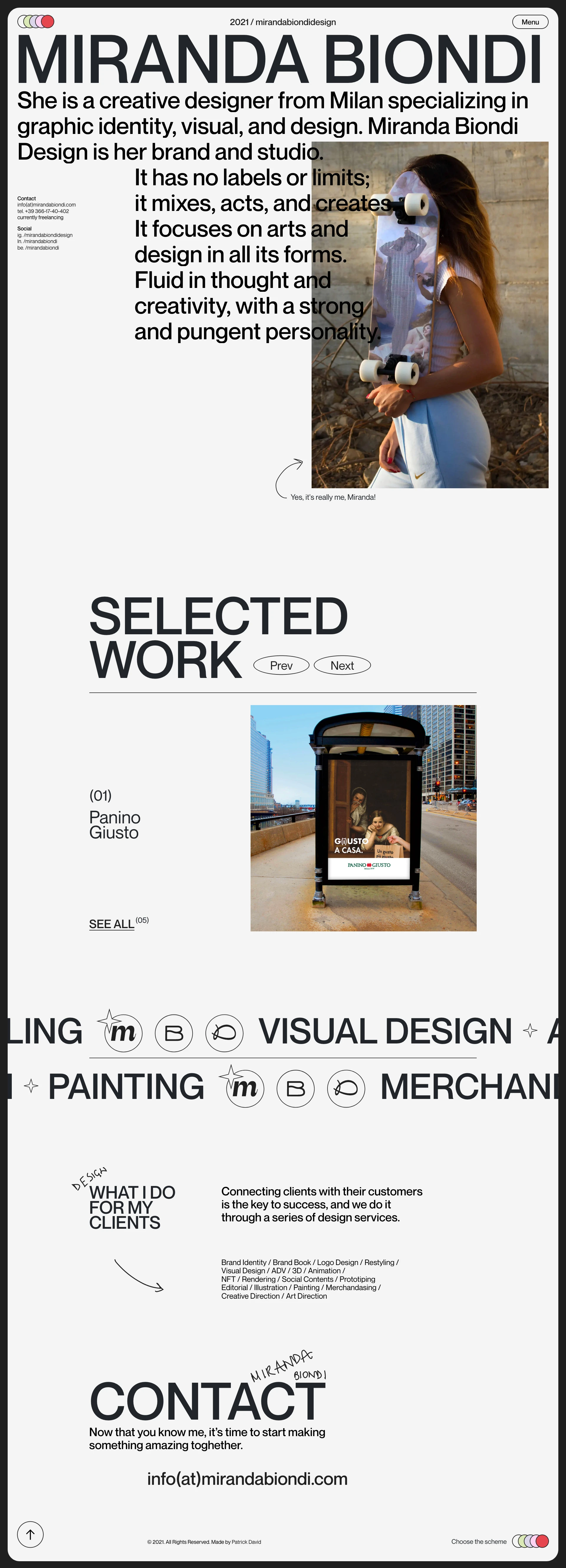 Miranda Biondi Landing Page Example: Miranda Biondi is a creative designer from Milan, specializes in graphic, visual, and design. It focuses on arts and design in all its forms.