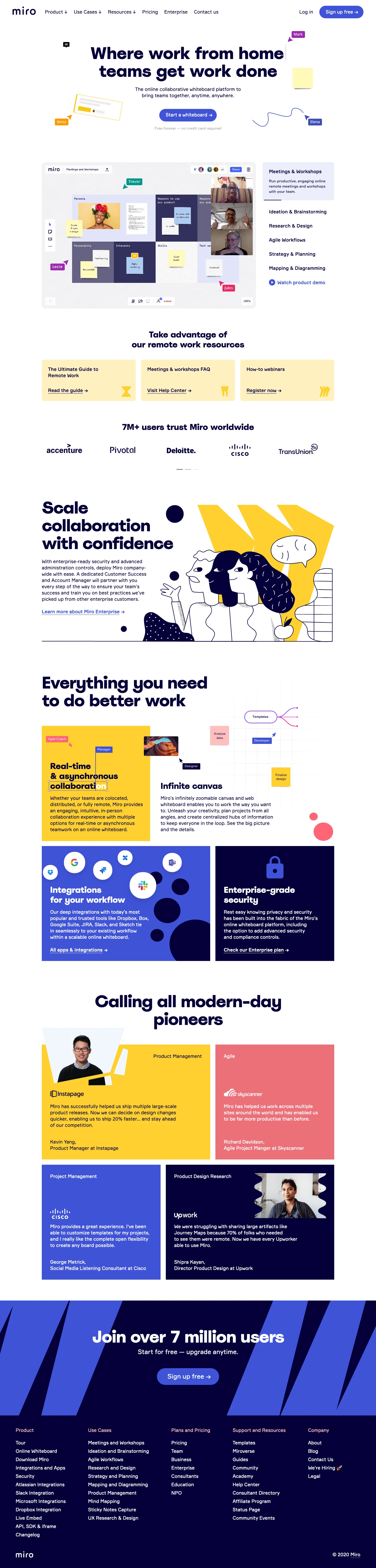 Miro Landing Page Example: Miro is a collaborative online whiteboard platform designed for remote and distributed teams.