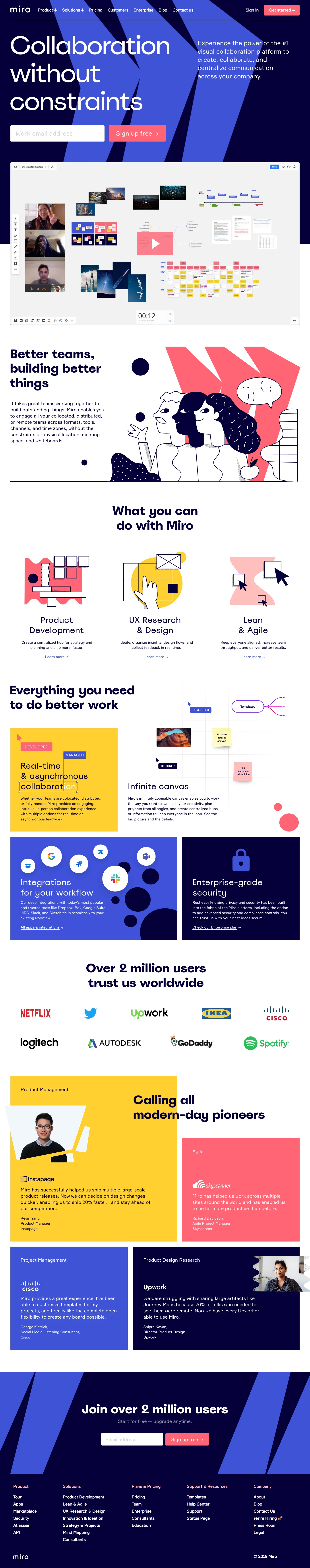 Miro Landing Page Example: Team collaboration software & online whiteboard for teams. Scalable, secure, cross-device and enterprise-ready team collaboration tool for distributed teams. Join 2M+ users & 8000+ teams from around the world.