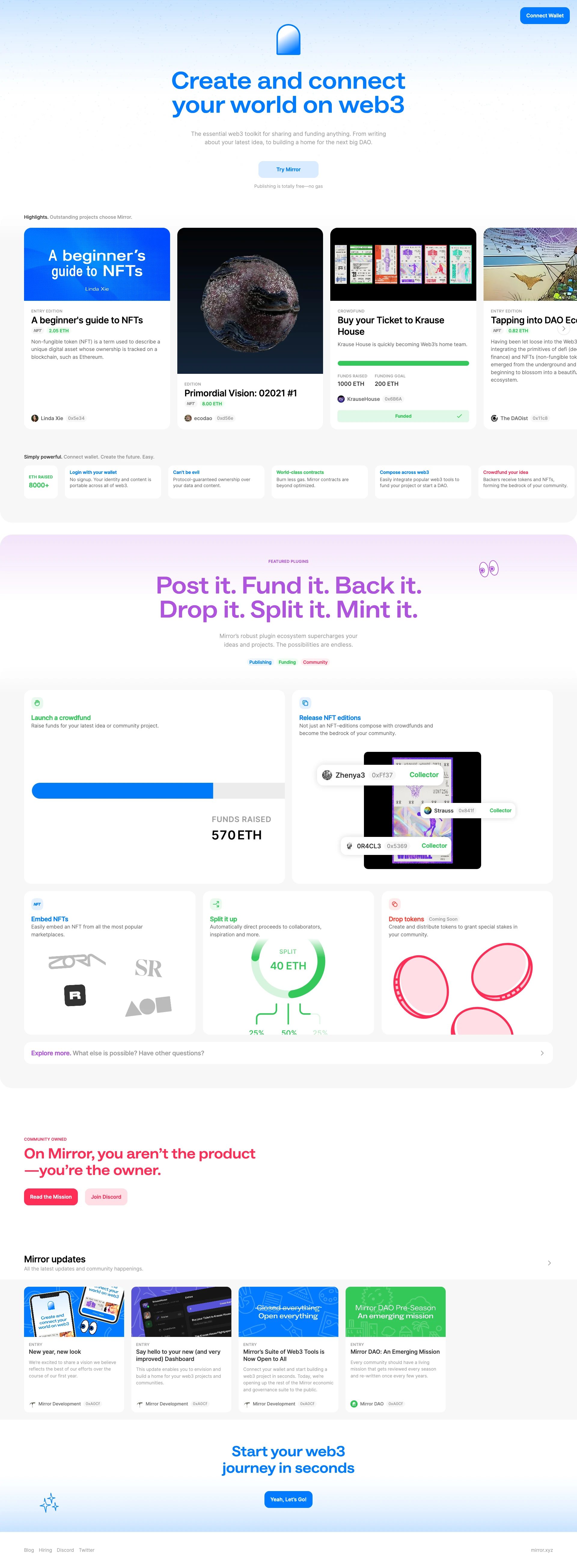 Mirror Landing Page Example: The essential web3 toolkit for sharing and funding anything. From writing about your latest idea, to building a home for the next big DAO.