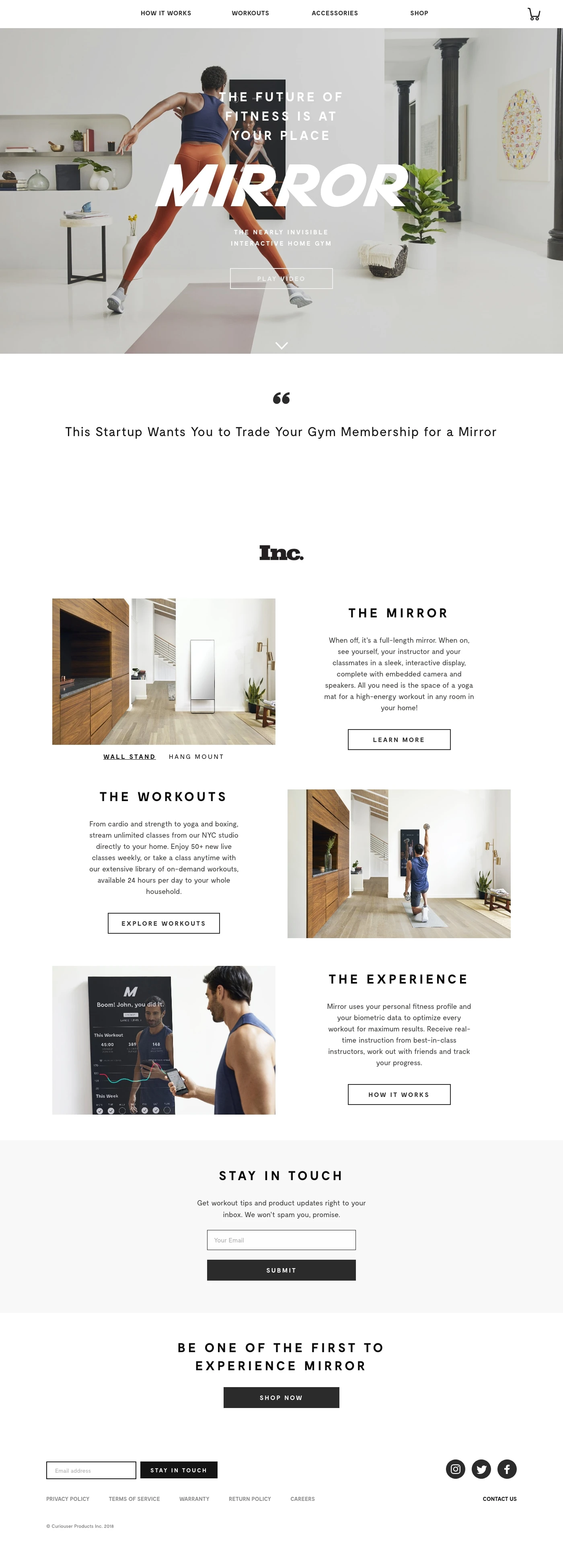 MIRROR Landing Page Example: The world’s first nearly invisible, interactive home gym that brings live and on-demand fitness classes right to your home.