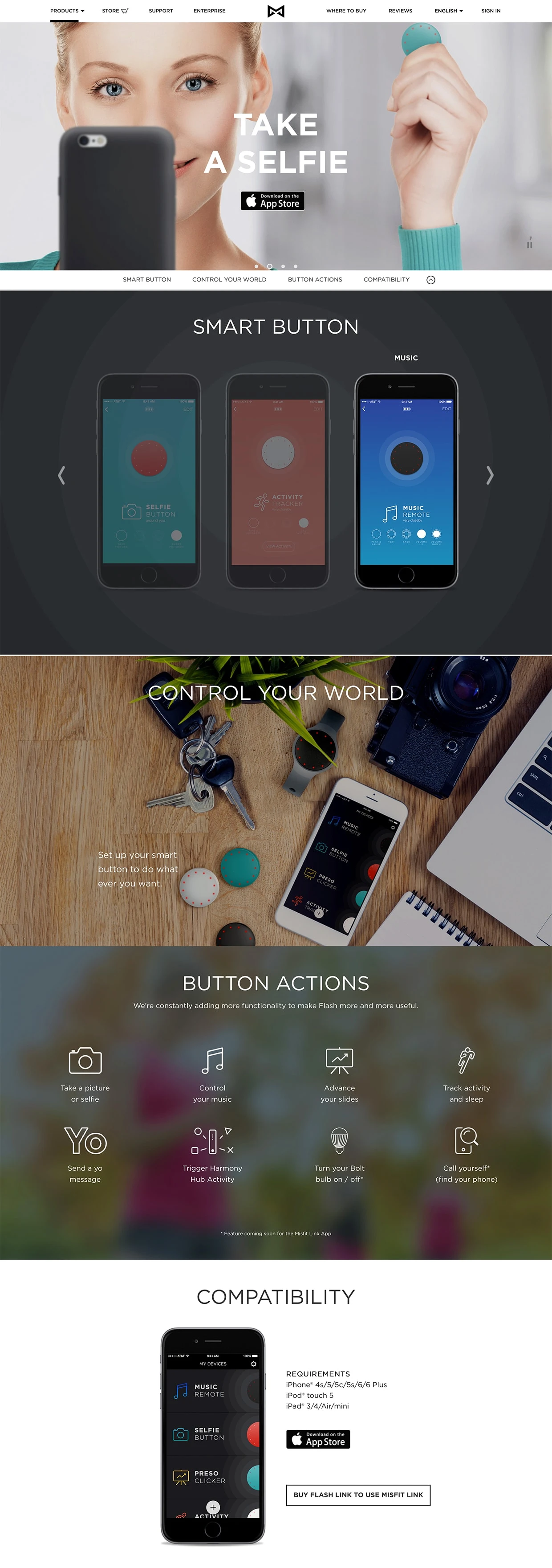 Misfit App Landing Page Example: Misfit invents and manufactures premium wearable computing products, such as the Shine and Flash.