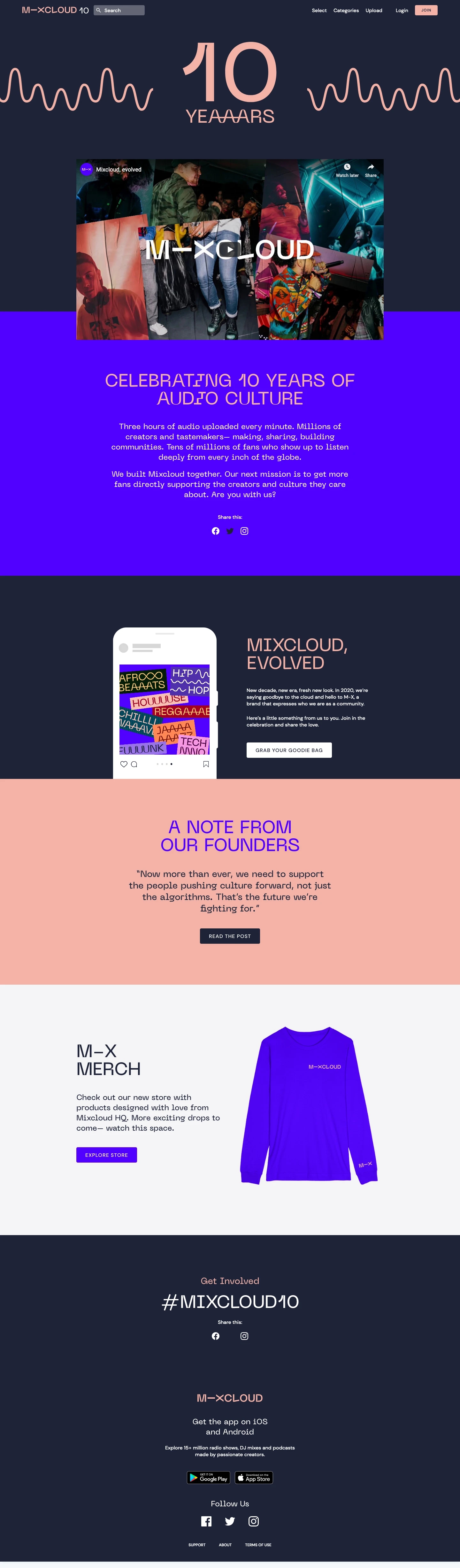 Mixcloud - 10 Years Landing Page Example: New decade, new era, fresh new look. In 2020, we’re celebrating a decade of audio culture by saying hello to M-X, a brand that expresses the passion and vibrancy of our community.