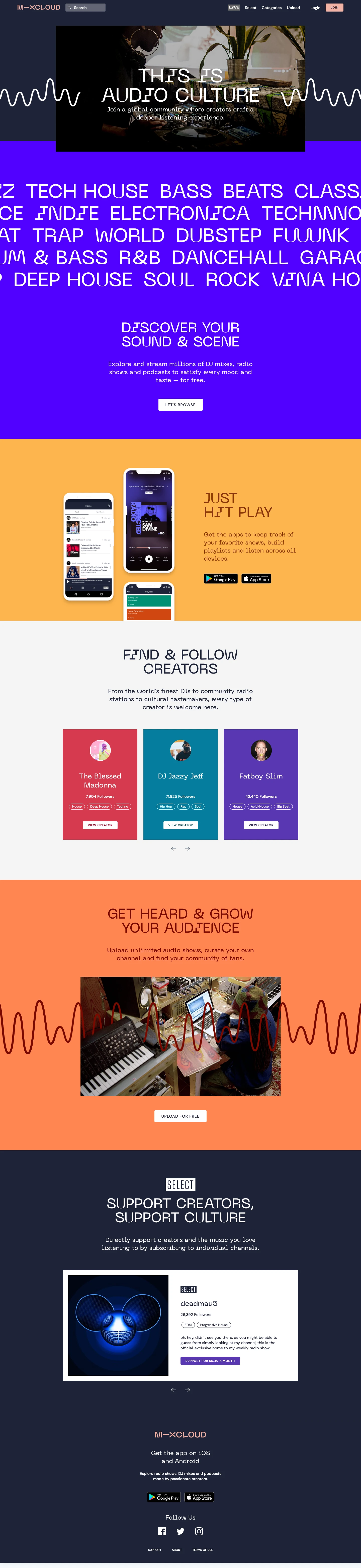 Mixcloud Landing Page Example: This is Audio Culture. Join a global community where creators craft a deeper listening experience.