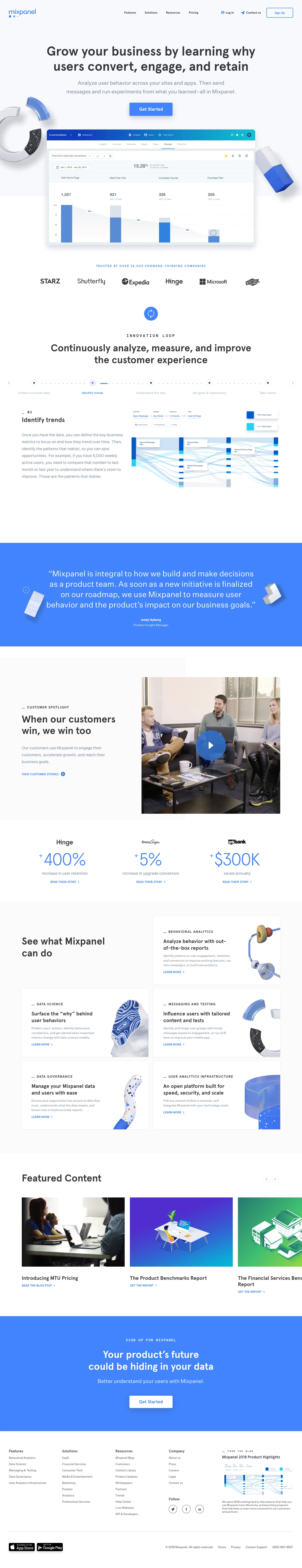 Mixpanel Landing Page Example: Grow your business by learning why users convert, engage, and retain. Analyze user behavior across your sites and apps. Then send messages and run experiments from what you learned–all in Mixpanel.