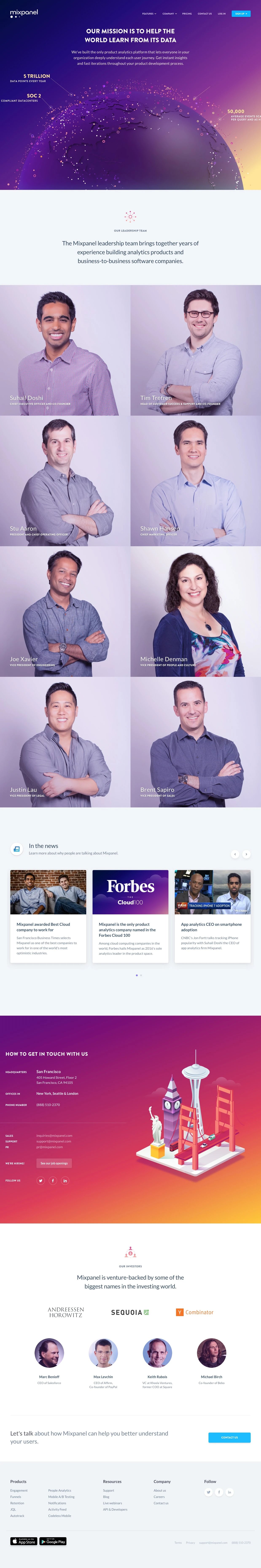 About Mixpanel Landing Page Example: Our mission is to help the world learn from its data
