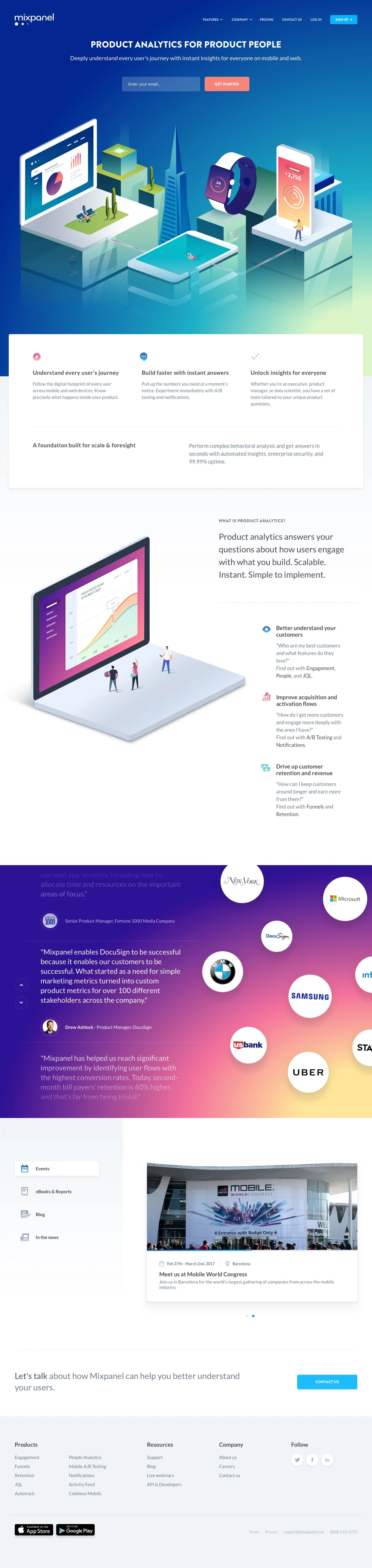 Mixpanel Landing Page Example: Deeply understand every user's journey with instant insights for everyone on mobile and web.